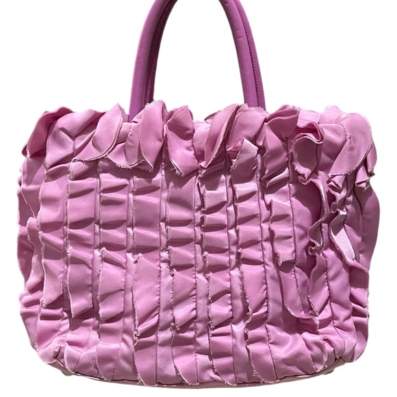 PRADA Tessuto Ruffled Leather Pink Tote Bag - Picture 4 of 15